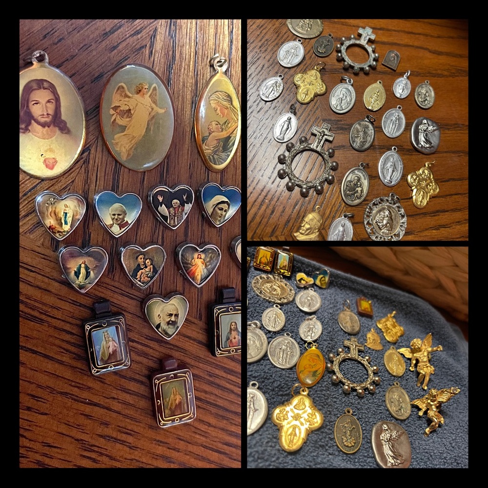 46 pc vintage catholic religious saints enameled pendants & charms + bracelet.